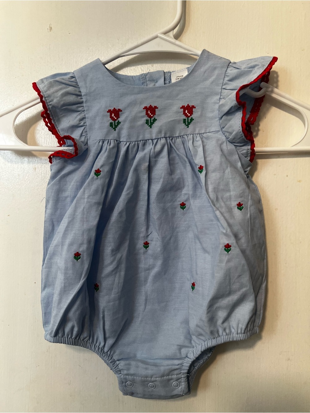 Little Me Light Blue Romper with Red Floral Embroidery